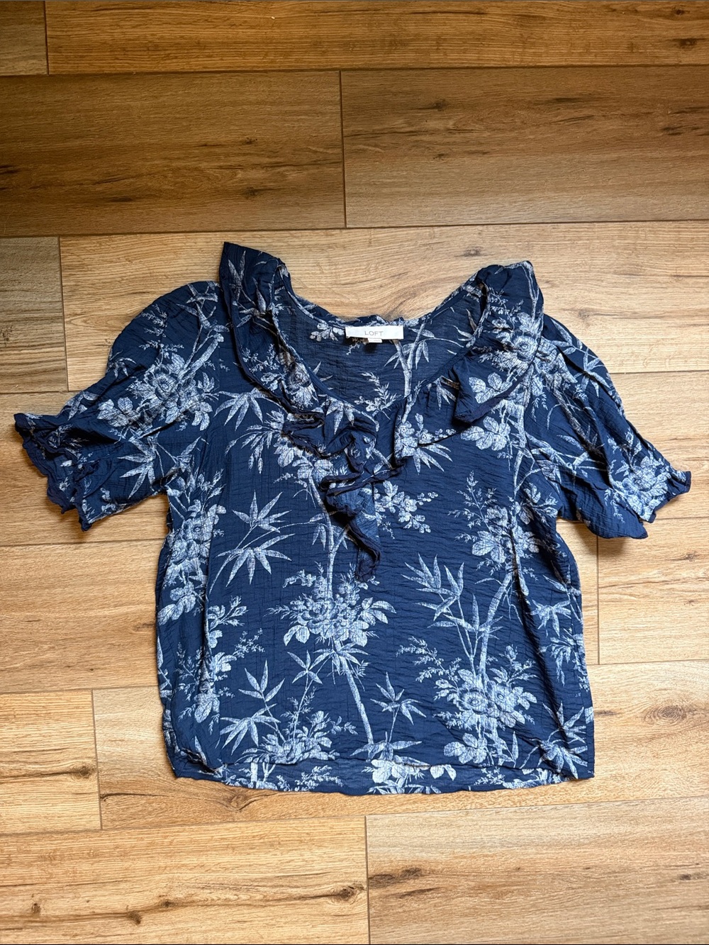 LOFT Navy Blue Floral Ruffle Sleeve Blouse